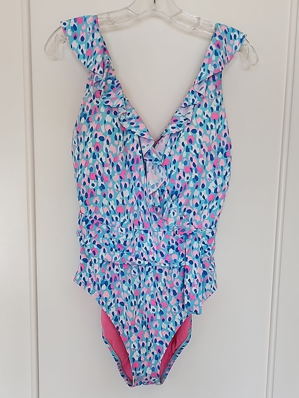 Lilly Pulitzer Blue & Pink Ruffle V-Neck One-Piece Swimsuit